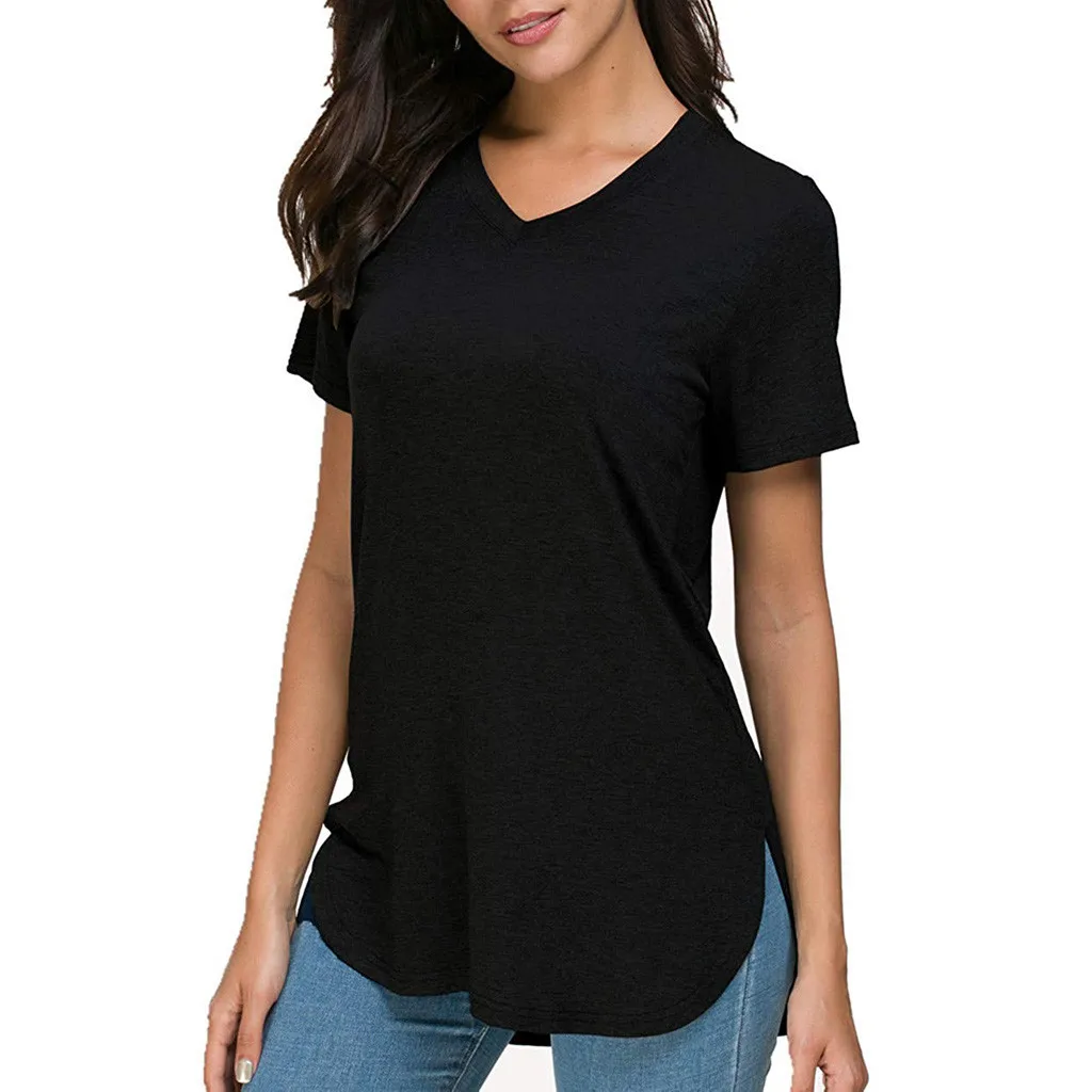 

CHAMSGEND Womens Short Sleeve Solid Color Side Split Shirt Casual Pullover Tunic Blouse Tops Solid Polyester Summer Tops De27