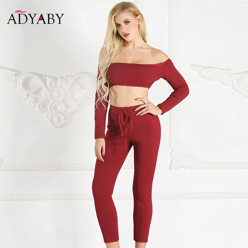 Women 2 Piece Set Top And Pants Spring 2019 Fashion Off Shoulder Crop Top Long Sleeve Elastic Waist Bodycon Capri Pants Women