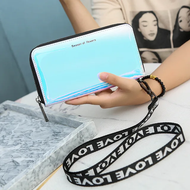 New Lanyard Laser Holographic Wallet Women Long Purse Female Clutch Bag Women Wallets Purses Portfel Zip Phone Pocket Carteras