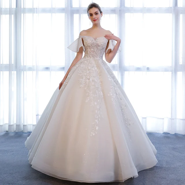 SL-163 2018 Bling Puffy Short Sleeve Illusion Bodice Applique Lace Wedding Dresses 1