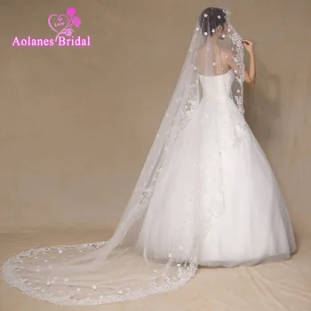 

In Stock 2017 Real Photos Ivory Wedding Veil 3m Long Lace Appliques Mantilla Bridal Veil Wedding Accessories Veu De Noiva