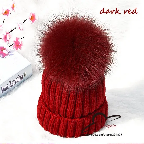 Большой настоящий помпон из лисьего меха зимняя теплая шапка вязаные с помпоном из меха норки помпоны шапочка Женская лыжная шапка с Помпон Мяч - Цвет: dark red