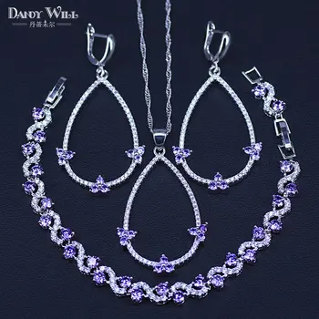 

AAA+ Quality Purple Zircon Jewelry Set silver color Women Earrings Necklace Pendant Bracelet sets