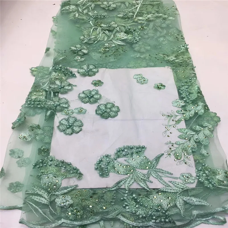 

Duck green French Tulle Lace Fabrics With Beads Nigerian 3D Appliqued Flowers Net Tulle Lace Fabric For African Dresses
