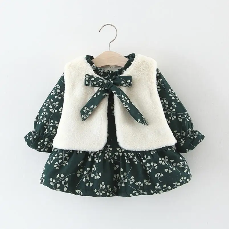 

Warm Spring Winter Infant Baby Set Girls Toddler Child Clothes Sets Long Sleeve Print Princess Dress + Fur Vest 2Pcs Suit JW6913