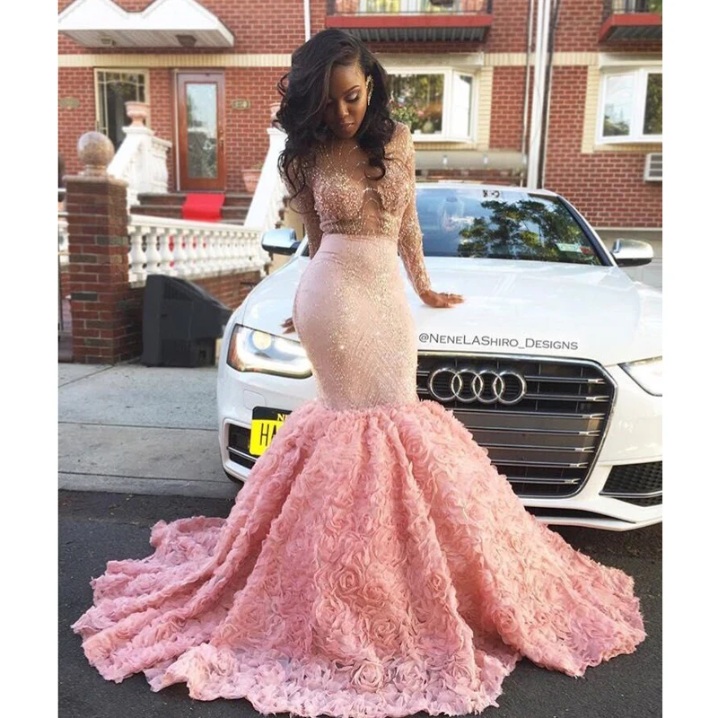Robe-de-Soiree-African-Luxury-Mermaid-Pink-Prom-Dresses-2017-Sexy-Sheer-Lace-Crystal-Ruffled-Long