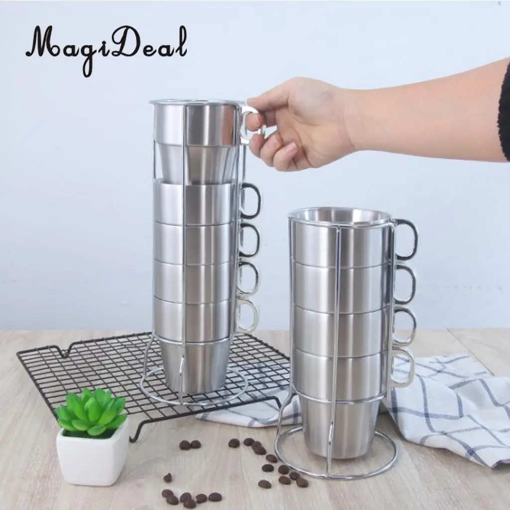 Stainless Steel Cups Water Tea Coffee Mugs with Stackable Rack Holder Outdoor Camping Hiking Picnic Bar Home Use