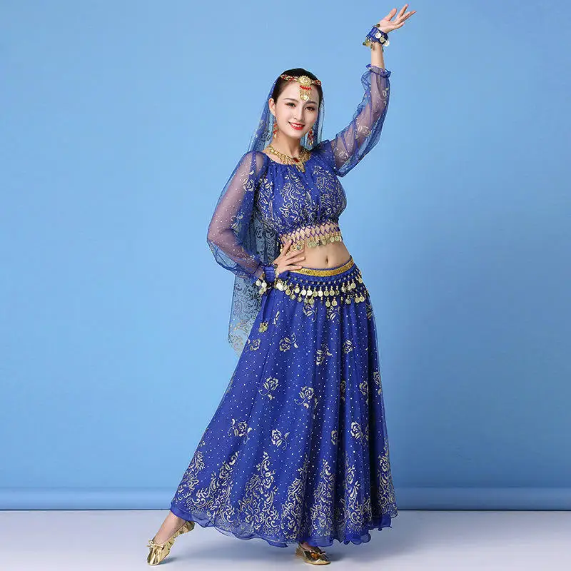 Женская танцевальная одежда сари производительность индийская одежда Болливуд набор костюма для танца живота(топ+ пояс+ юбка+ вуаль+ головной убор - Цвет: Blue long sleeves