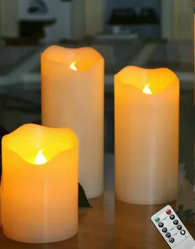 

set of 3 remote control LED Flameless Pillar Candle Paraffin Wax wavy Edge Night Light Bar Home Wedding decor 7.5cm(Dia.)-AMBER