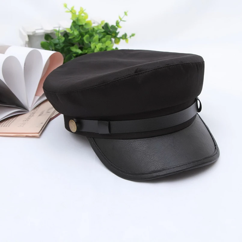 Women Hats Women Military Hat New Fashion Unisex Baker Cap Women Spring Autumn Newsboy Cap PU Leather Military Hat Female Travel Student Hat