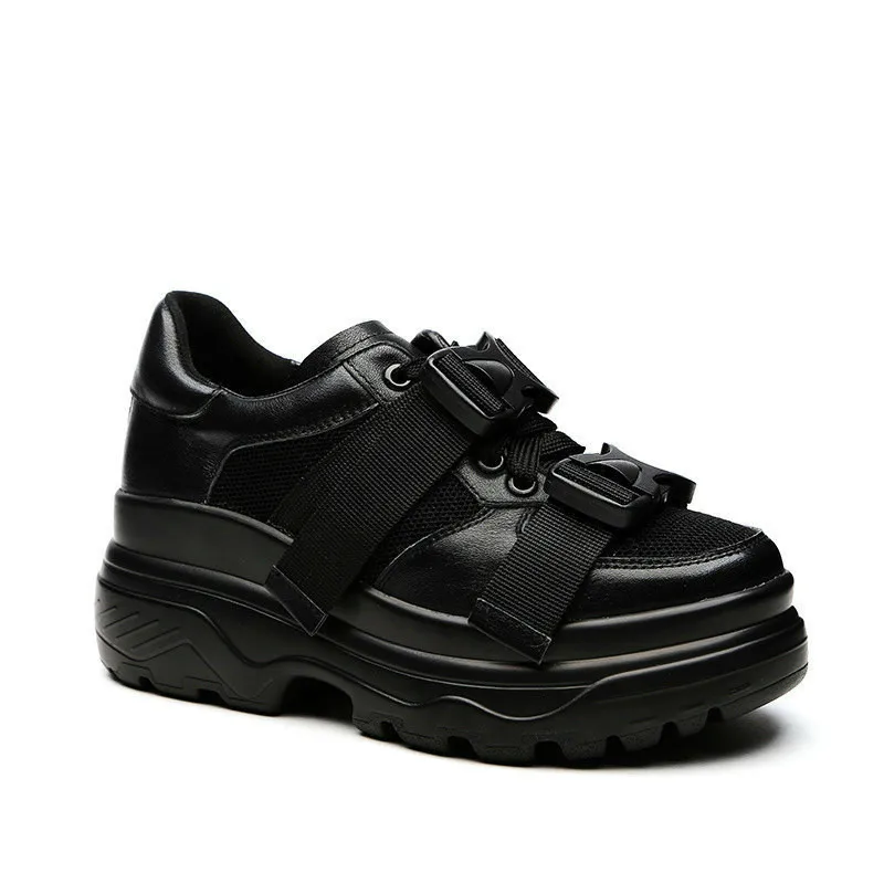 

Genuine Leather Mesh Women's Platform Chunky Sneakers Buckle Women Flat Thick Sole Shoes Woman Trainers Vulcanize Dad Footwear