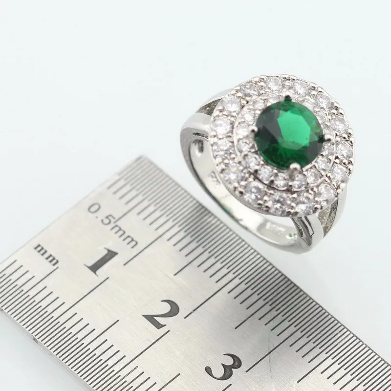 Wpaitkys зеленый цирконий белый камень круглый серебристый Цвет кольцо для Для женщин Элегантный Ювелирные изделия из кристаллов Размеры 6 7 8 9 подарочная коробка
