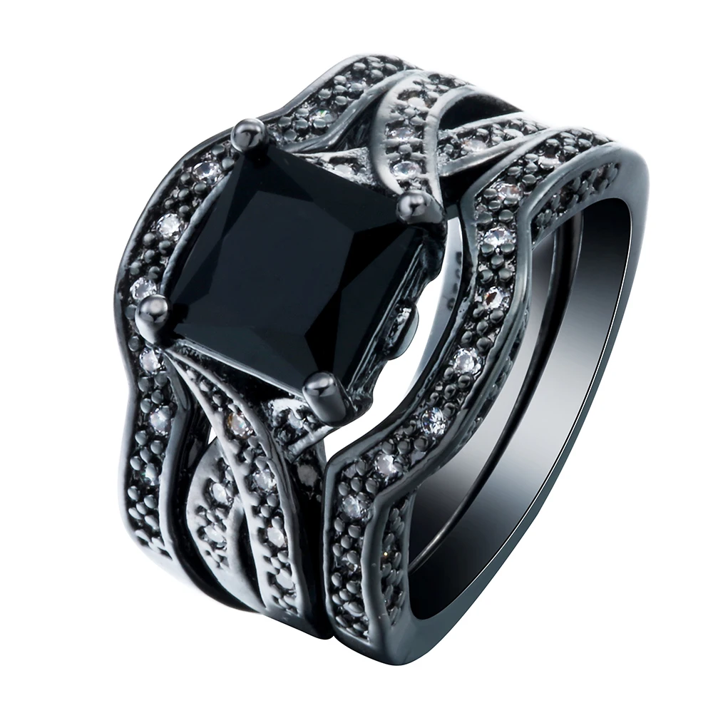 

Hainon New Cross Design 3pcs Ring Sets Jewelry Vintage Fashion Gift Square Black Cubic Zircon Wedding Engagement Ring Set