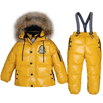 

2019 Girls Boys Winter -30 degree Down Outdoor Clothes Set Thick Windproof Children 2-9T Hooded Coats+Overalls Russian Snow Sets