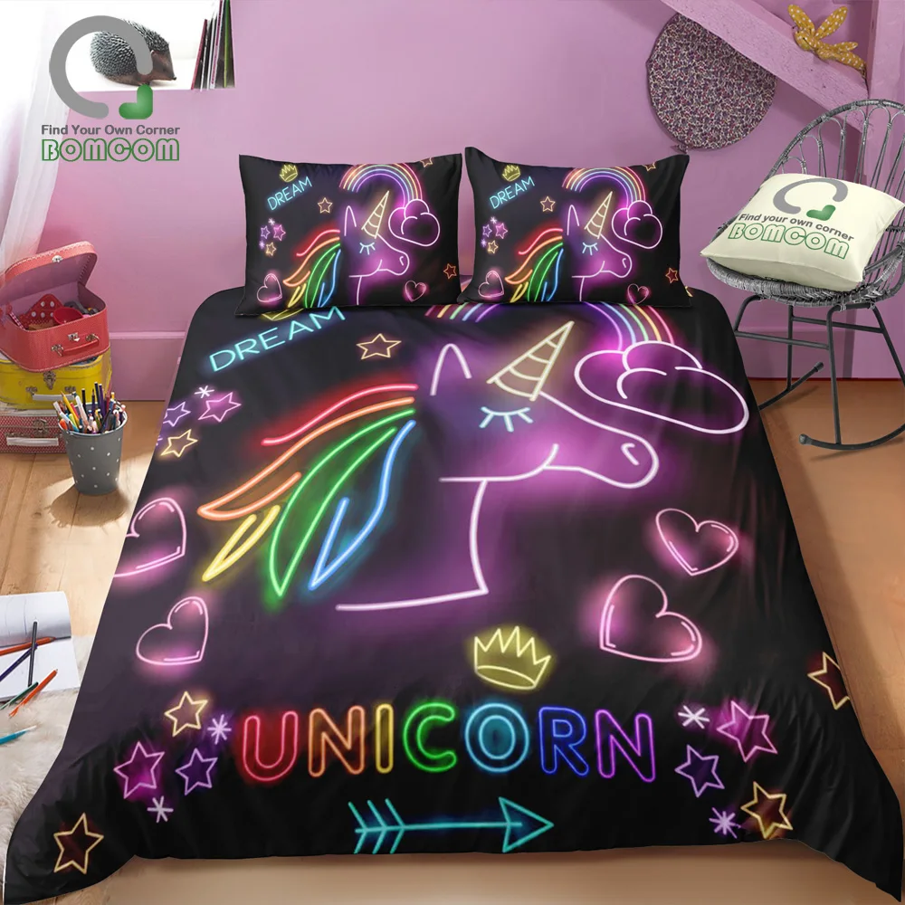 

BOMCOM 3D Digital Printing unicorn print Duvet cover set Unicorn head Neon lamp purple light Bedding Set 100% Microfiber