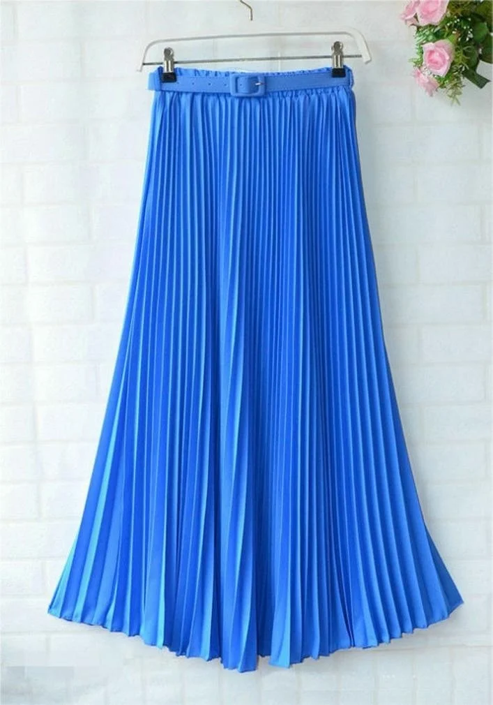 Womens Skirt Belt High Waist Solid Color Retro Maxi Chiffon Pleated Elegant Long Skirt Summer Skirt Womens New 13 Styles