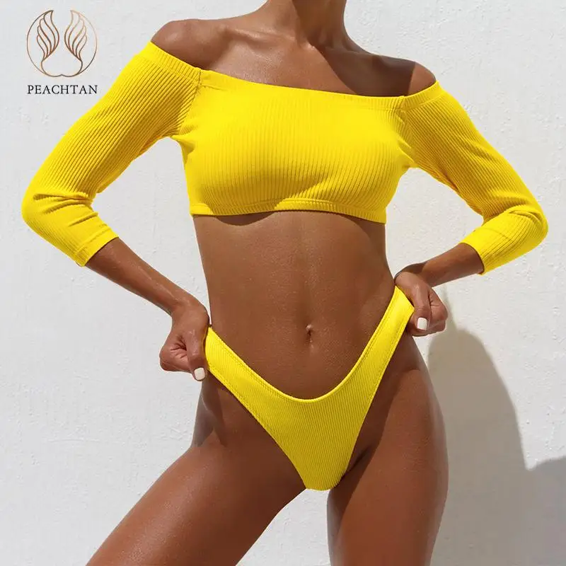 

Peachtan Lone sleeve bikini 2019 Ribbed swimsuit female bathing suit High cut swimwear women Sexy thong bikini set Summer new