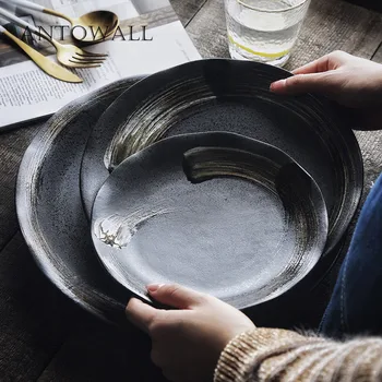 

ANTOWALL Vintage Scrub Ceramic Tableware Black Plate Home Restaurant Dim Sum Dish Soup Plate Lotus Leaf Side Plate