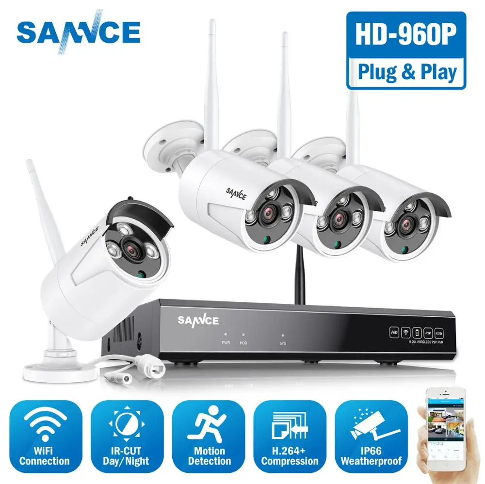 

SANNCE 960P 8CH Wireless Security Camera System 4PCS IP66 Weatherproof Indoor Outdoor Wifi Cameras Plug-and-Play Wi-fi CCTV Kit