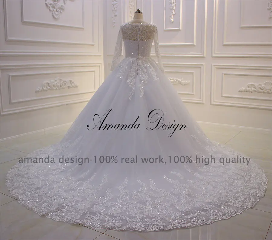 Аманда дизайн o-образным вырезом с длинным рукавом Кружева аппликация белое свадебное платье