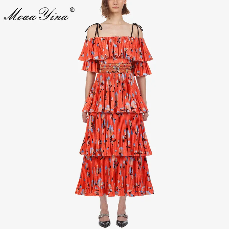 MoaaYina, модное дизайнерское подиумное платье, весна-лето, женское платье с цветочным принтом, каскадные оборки, пляжные платья для отдыха - Цвет: Кораллово-Красный
