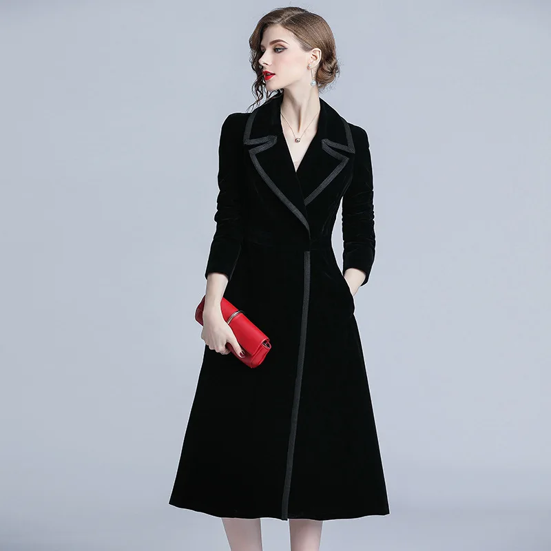 

Vintage Black Solid Color 2018 New Women OL Velvet Long Autumn Winter Covered Button Retro Loose Solid Trench Coat