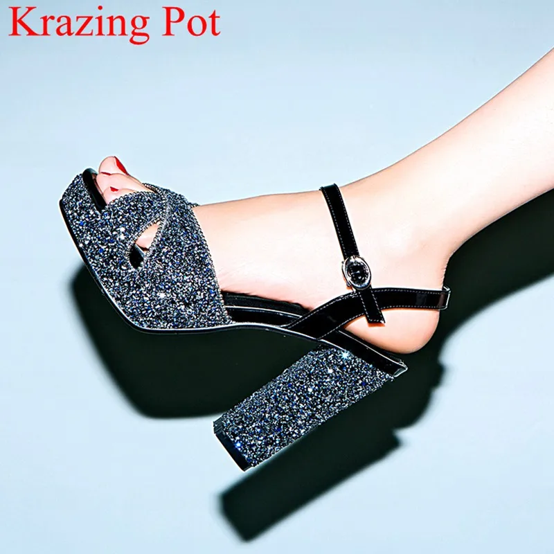 

2018 fashion bling super high heels peep toe square heel women sandals nightclub elegant buckle strap platform summer shoes L7f1