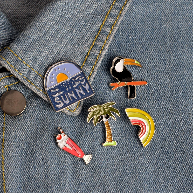 

Cartoon Enamel Coconut Tree Crow Rainbow Pineapple Ice cream Brooch Pin Denim Collar Badge Pins Button Summer Jewelry
