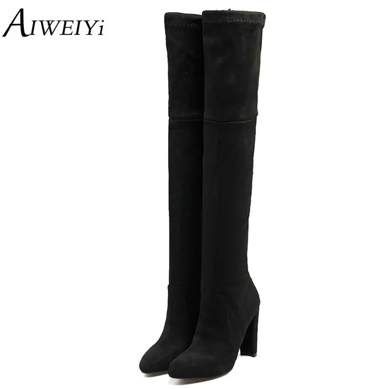 

AIWEIYi 2018 Over The Knee Boots Winter Round Toe Thick Fur Warm Women Boots Stretch Fabric Ladies Fashion Boots Big Size 34-43