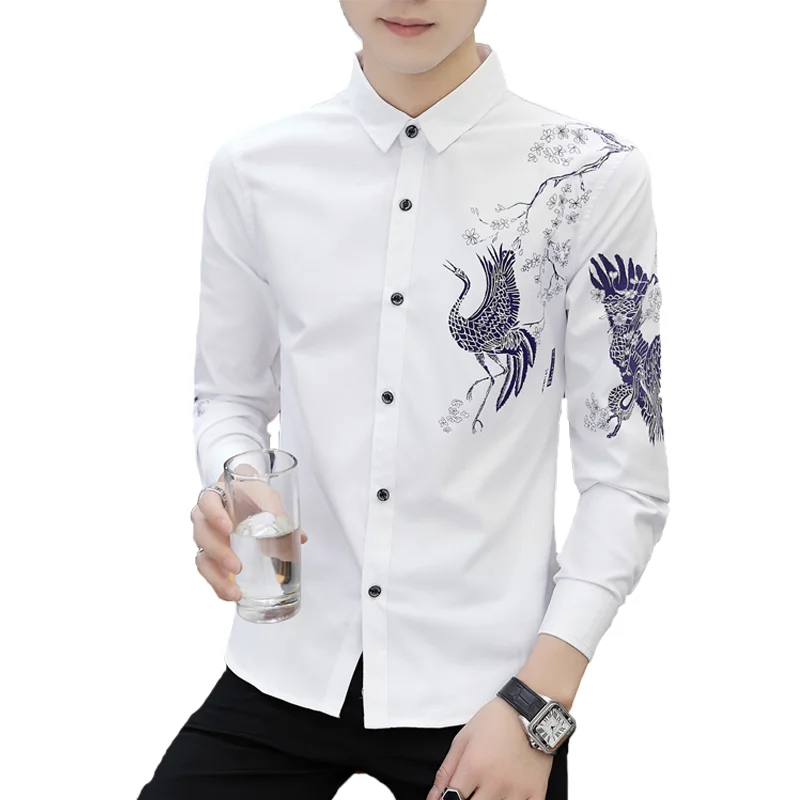 2019 Новая модная мужская рубашка с принтом Chemise Homme клетчатая приталенная длинным