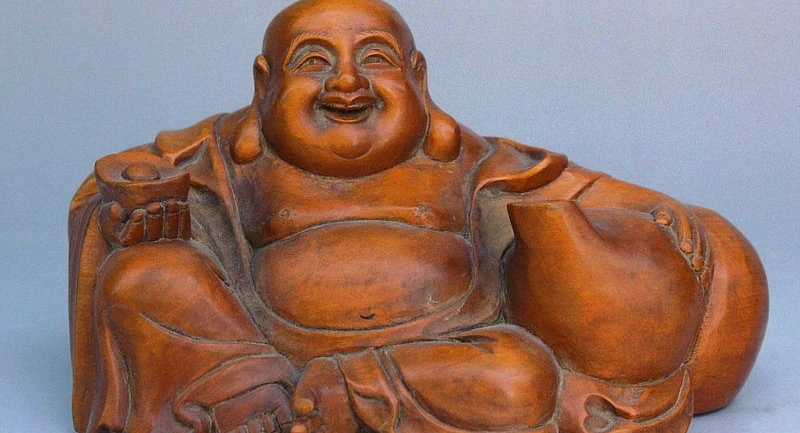 

4" Folk Old Chinese Buddhism BoxWood Maitreya Money Bag Gourd Buddha Statue