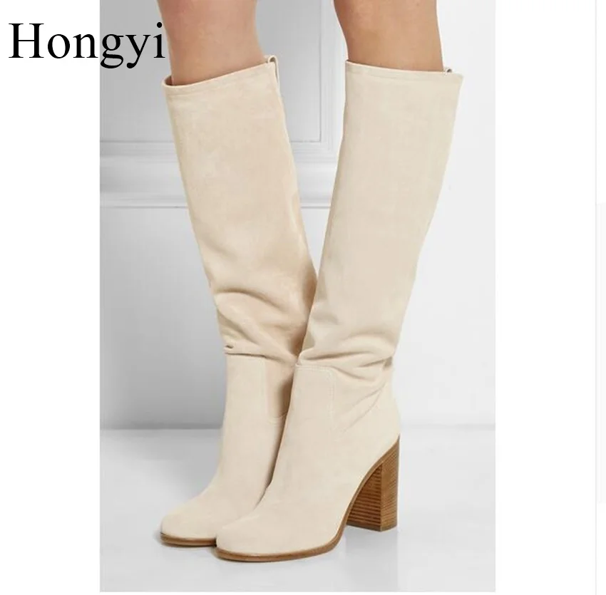 Hongyi/осенне-зимние ботинки на толстом каблуке Бежевые ботинки martin из натуральной кожи женские высокие сапоги до колена на массивном каблуке
