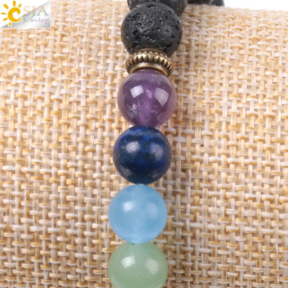 CSJA натуральный черный Лава бусы мужские браслеты многоцветные 7 мала для чакр камень молитва медитация рассеиватель энергии Рейки ювелирные изделия E955