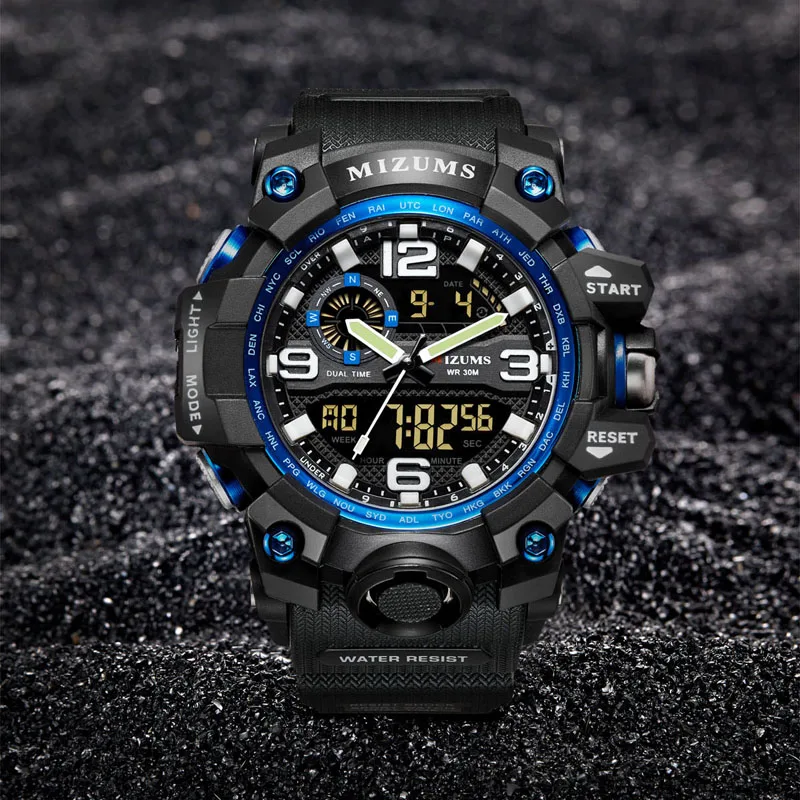

2019 MIZUMS Men Boys Luxury Rubber Outdoor Sports Alarm Led Wristwatches Male Multifunction Quartz Swimming Waterproof Watches