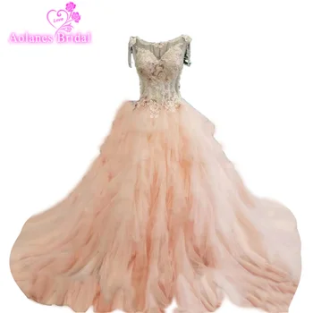 

Diamond Tulle Vintage Wedding Dress 2018 Vestidos de Noivas Pearls Flowers Pink Bride Dresses Custom Made Princesa Wedding Gowns