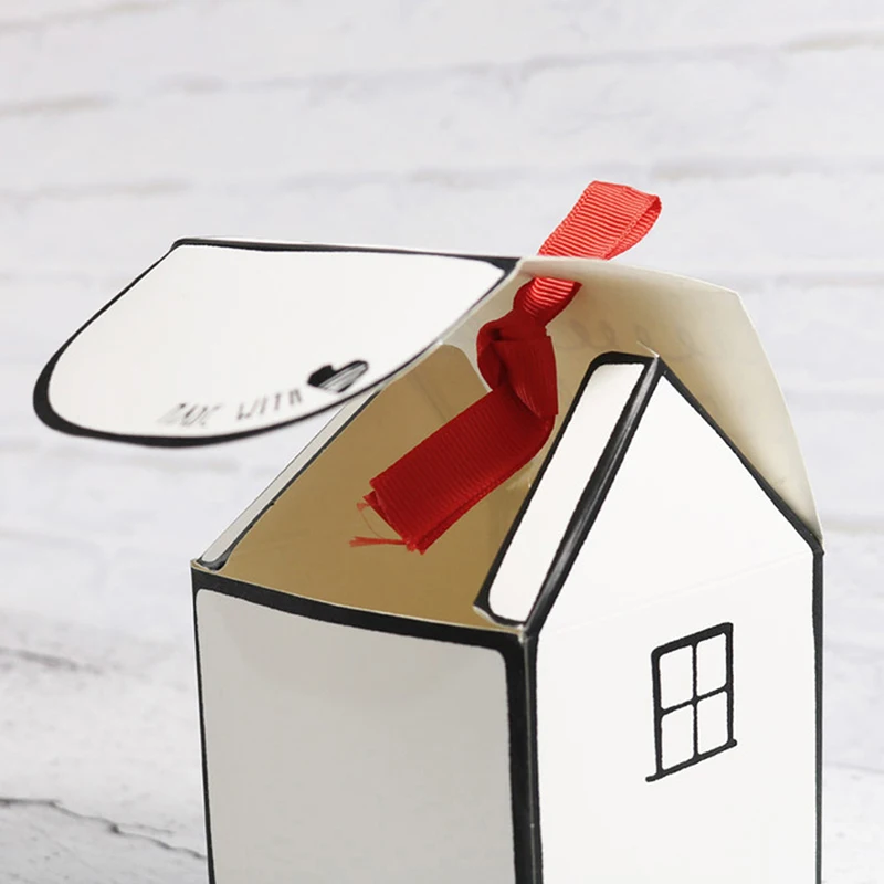 Бумажная коробка дом белая коробка для кексов с красной лентой бумажная бирка для торта печенья декоративная бумага для вечеринок коробка дом форма белый подарок