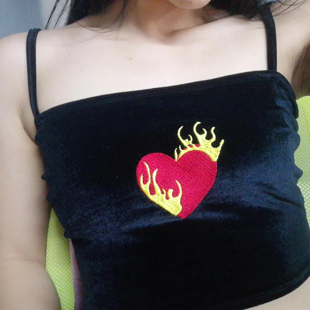 

Sexy Womens tank top Flame Heart Love Print Tops hot girl Vest Halter Velvet streetwear cropped feminino
