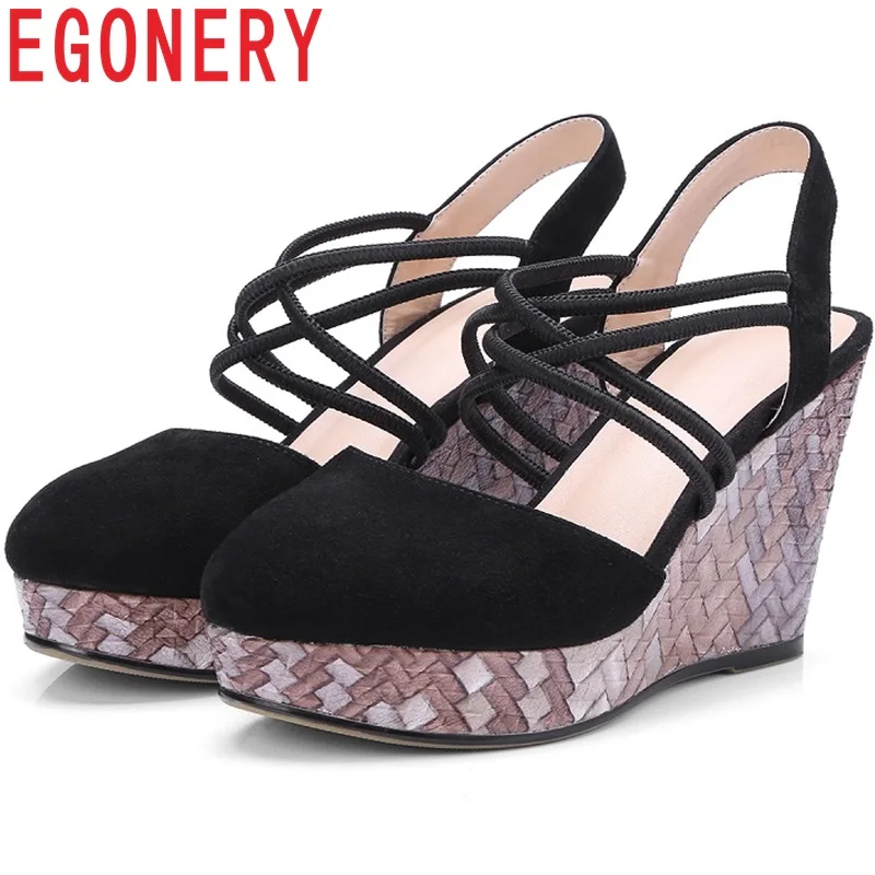 

EGONERY Brand quality Sheepskin suede Gingham Fashion Wedges Sandals Retro punk girl spring summer Women's 10cm high heels shoes