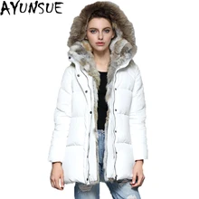 Новые зимние женские пуховики и пальто из натурального меха кролика с капюшоном, длинный пуховик, Толстая теплая пуховая парка ST144