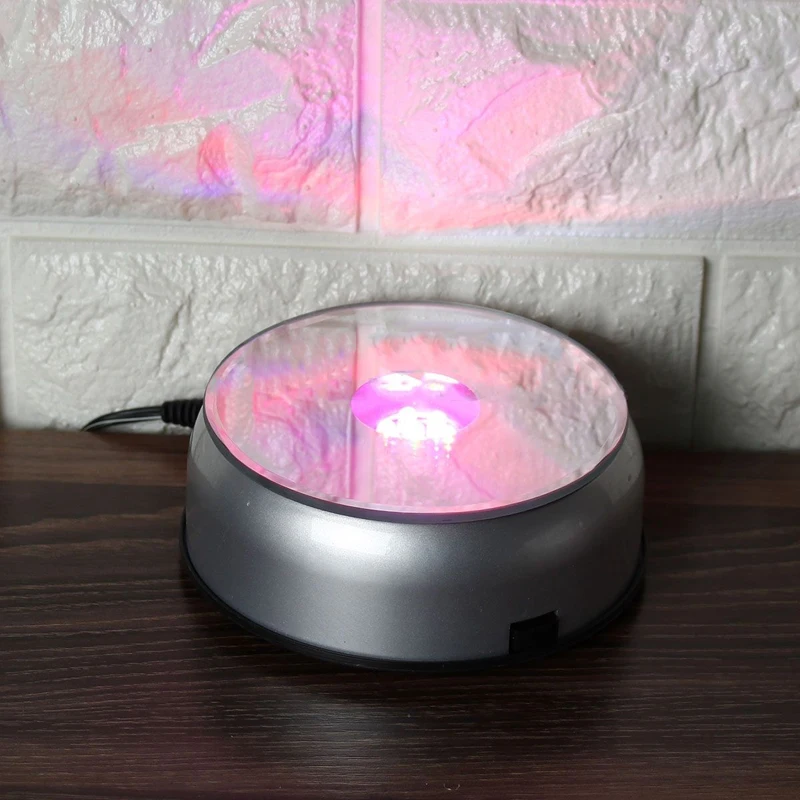 New 7 LED 4'' Unique Rotating Crystal Display Base Stand White Light W/AC Adapter