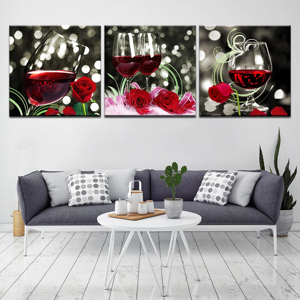 

Modular Canvas Wall Art Paintings Romantic Home Decor 3 Pieces Red Wine And Roses Pictures HD Prints Kitchen Posters Framework