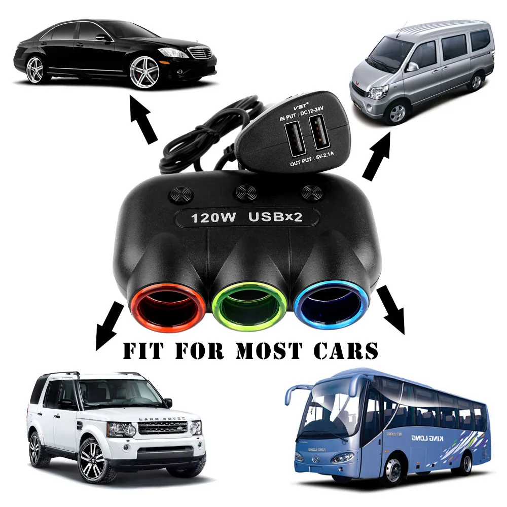 1 to 3 Car Cigarette Lighter Splitter Hub