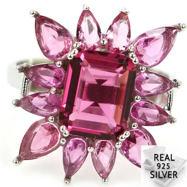 

4.2g Real 925 Solid Sterling Silver New Designed Pink Tourmaline CZ Woman's Rings US 8.0# 21x19mm