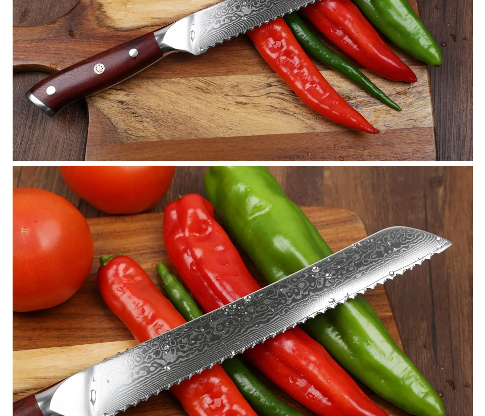 XINZUO 9 дюймов нож для хлеба 73 слоя Дамаск высокое качество Зазубренные ножи кухонный нож инструменты для приготовления пищи с ручкой из розового дерева