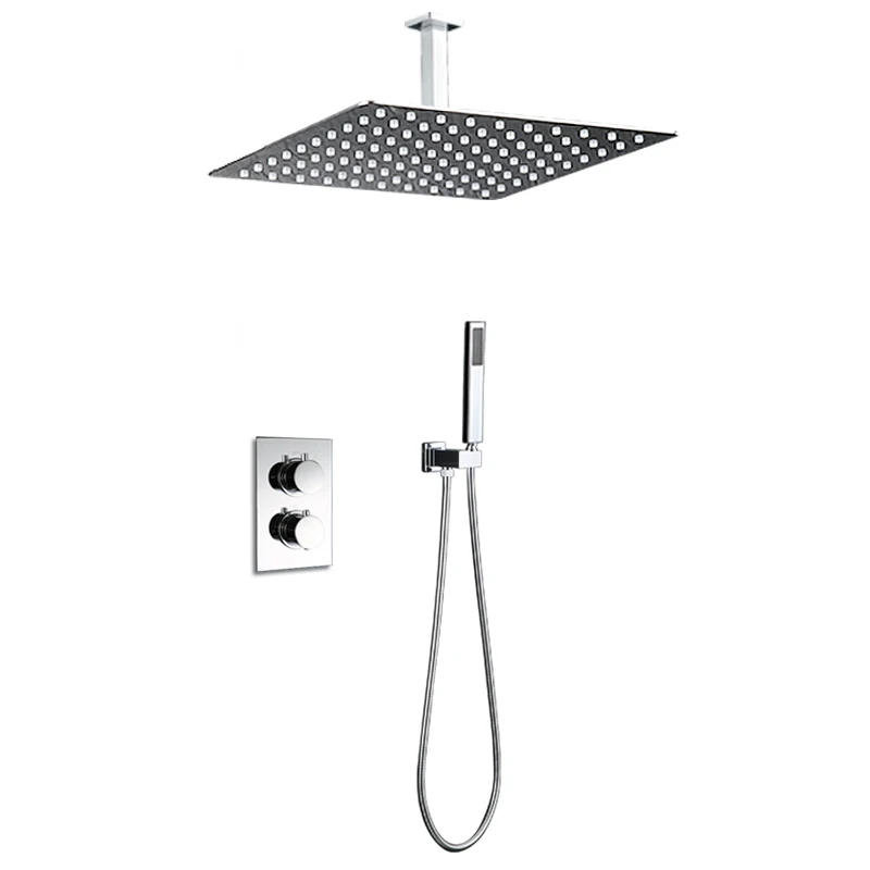 

16 Inch Ceiling Mounted Ultra-thin Air Injection Water Saving Rainfall Shower Head Chrome Finish Thermostatic Shower Faucet Set