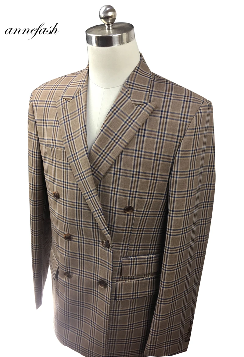 Tailor-made high quality worsted 150's wool brown windowpane check Suit Men double breast reverse collar suit