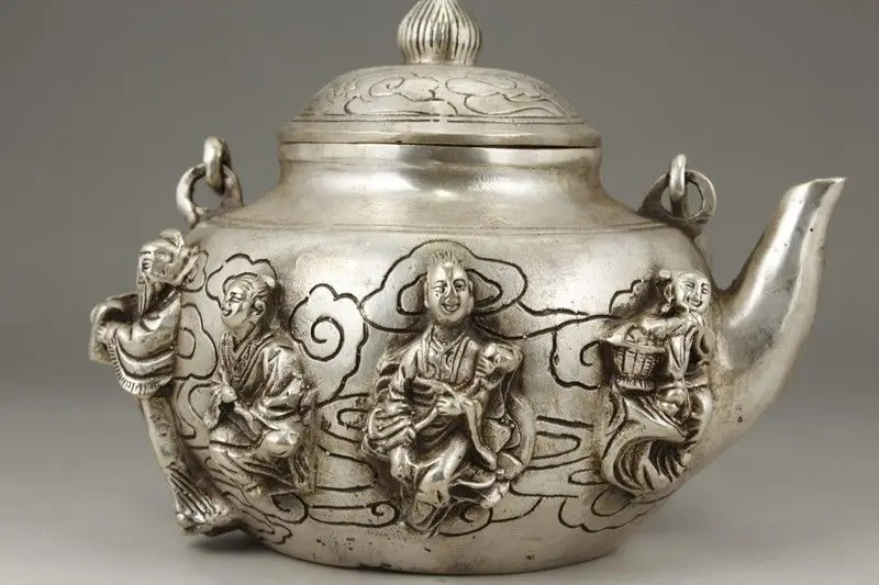 

Marked CHINESE OLD WHITE COPPER HANDWORK CARVING THE EIGHT IMMORTALS TEAPOT wholesale factory Bronze Arts outlets