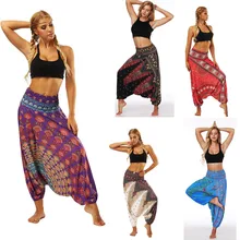 Женские мягкие свободные тайские штаны-шаровары для йоги Инди фолк перо в стиле бохо повседневные брюки с принтом свободные штаны с эластичной талией в национальном стиле