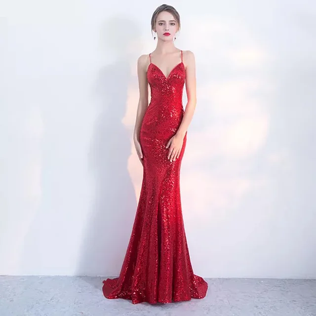 Red Backless V-Neck Mermaid Wedding Dress