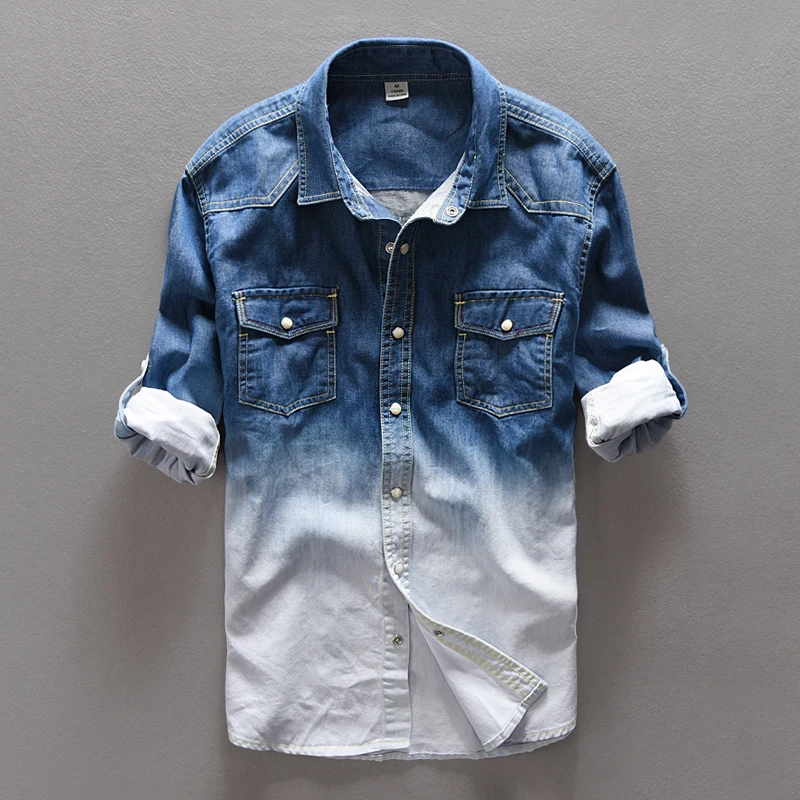 Manga Larga 100% De Los Hombres Denim Camisas Jeans En Color Top tipo raso con escote pico azul Liberatta